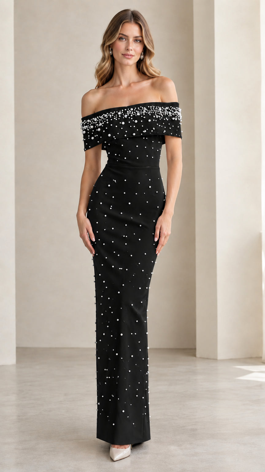 Full-length view of Black pearl embellished off-the-shoulder column maxi dress