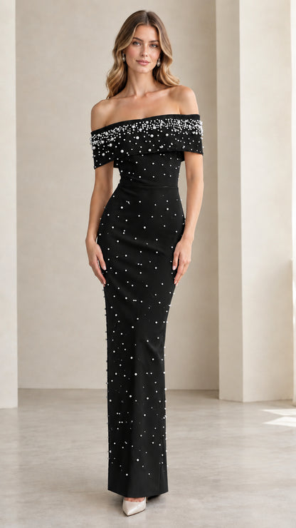 Full-length view of Black pearl embellished off-the-shoulder column maxi dress