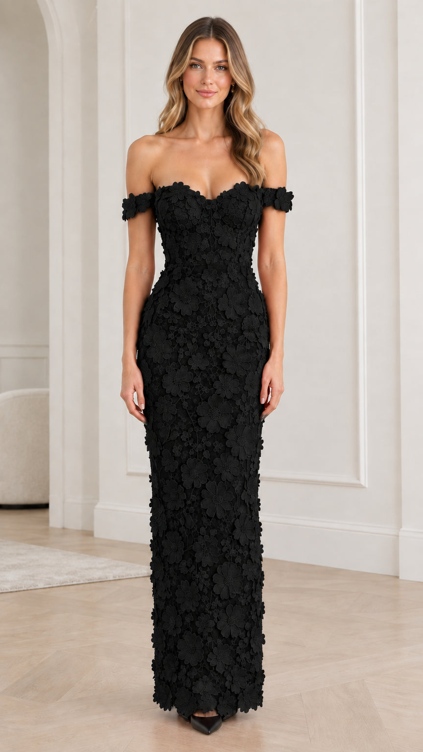 Black off-the-shoulder 3D floral appliqué formal maxi dress