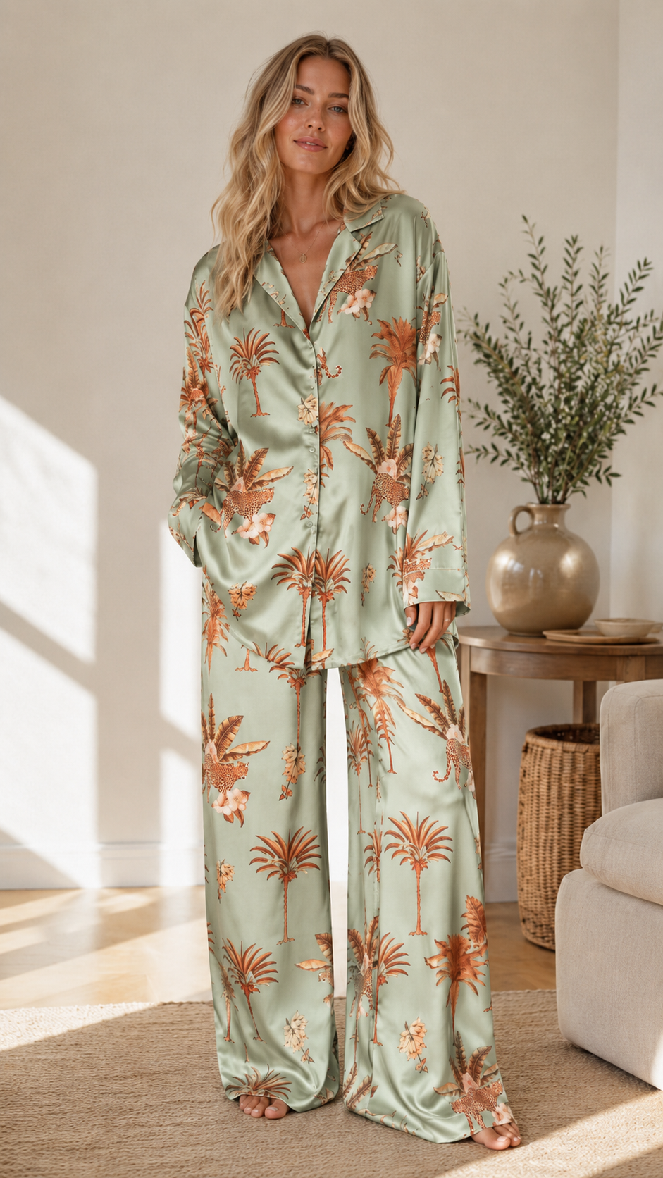 Woman wearing sage tropical print satin-look pajama set with wide-leg pants