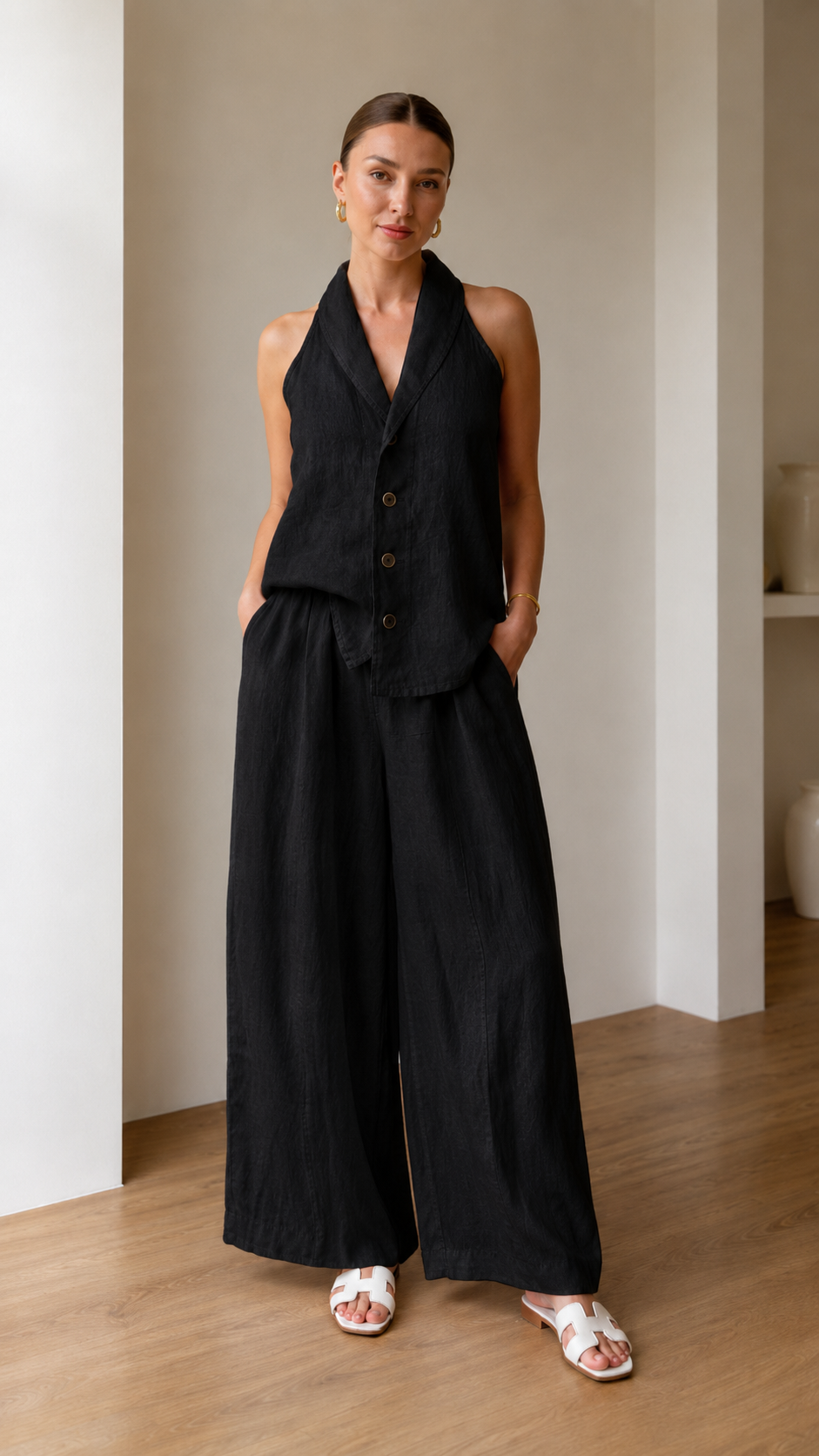 Black halter vest and wide leg pants matching set shown full length