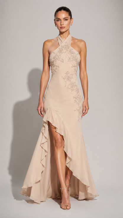 Champagne embellished halter high-low evening gown front view