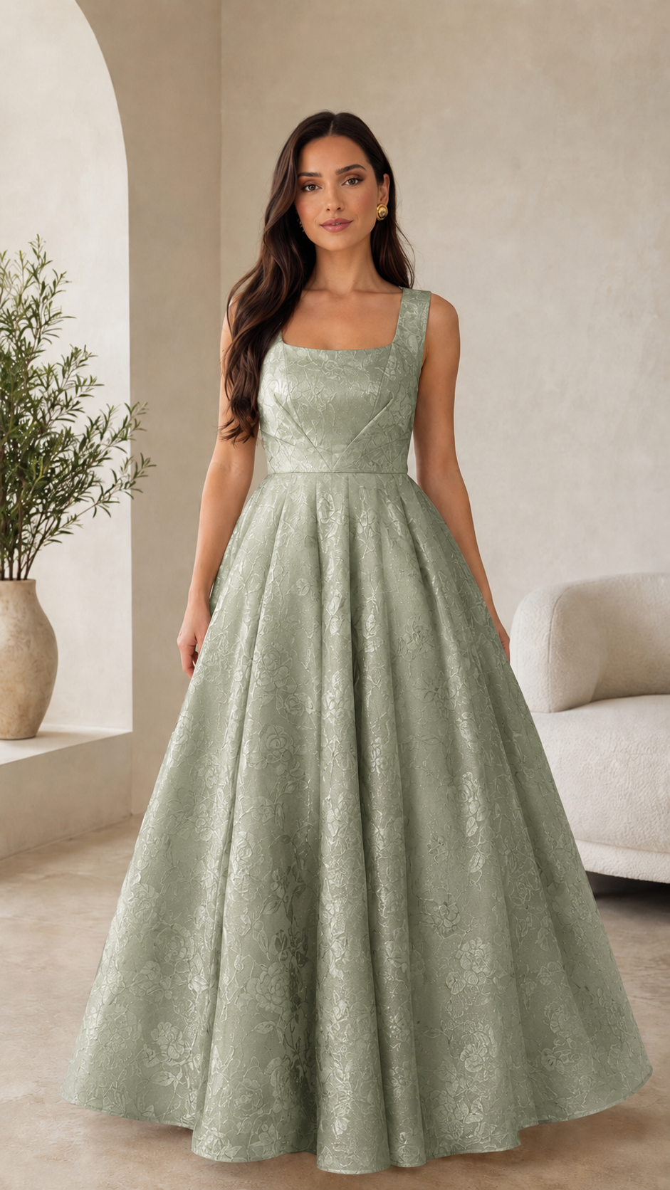 Sage green square neck sleeveless jacquard ball gown maxi dress front view