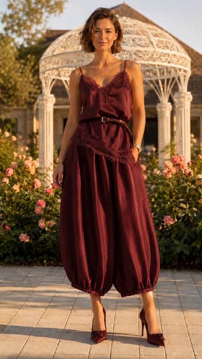 Burgundy lace trim cami jumpsuit with cropped gathered hems