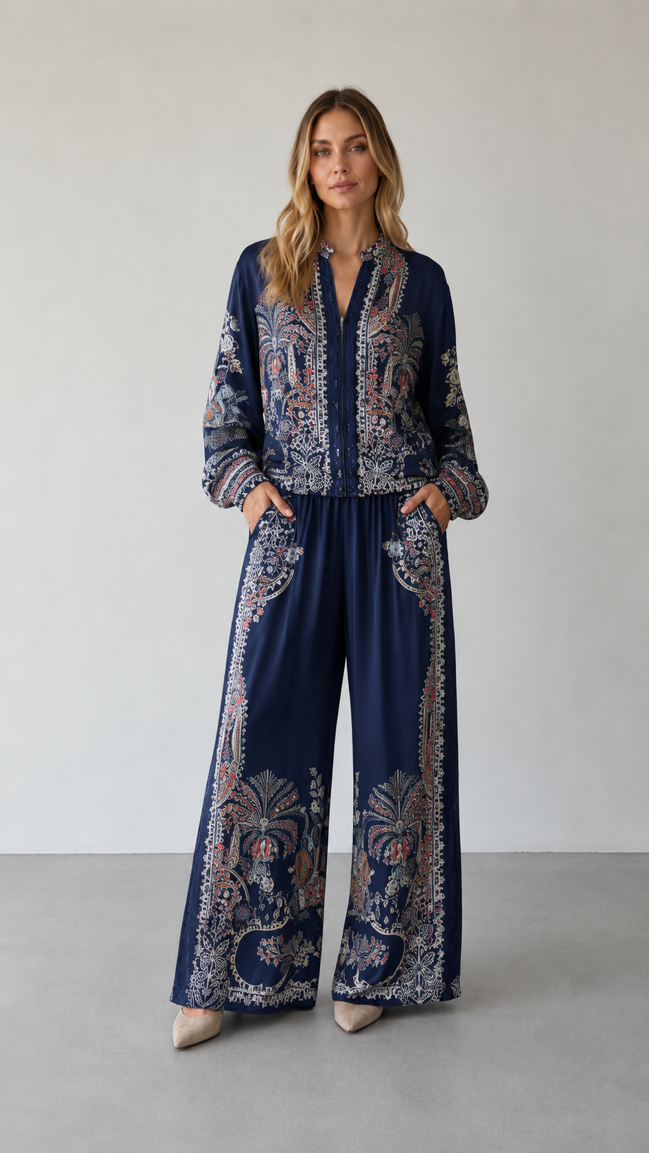 Front view of navy paisley print matching set with wide-leg pants