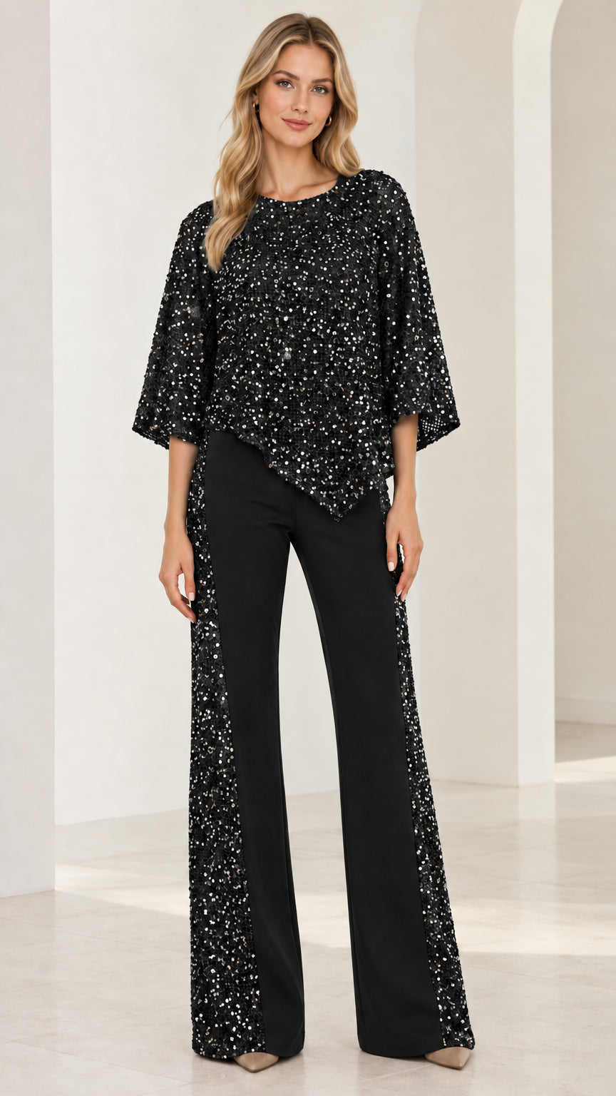 Front view of black two-piece sequin poncho top and flare pants formal suit