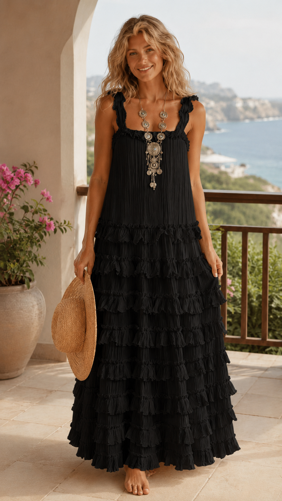 Front view of black pleated ruffle tiered maxi dress