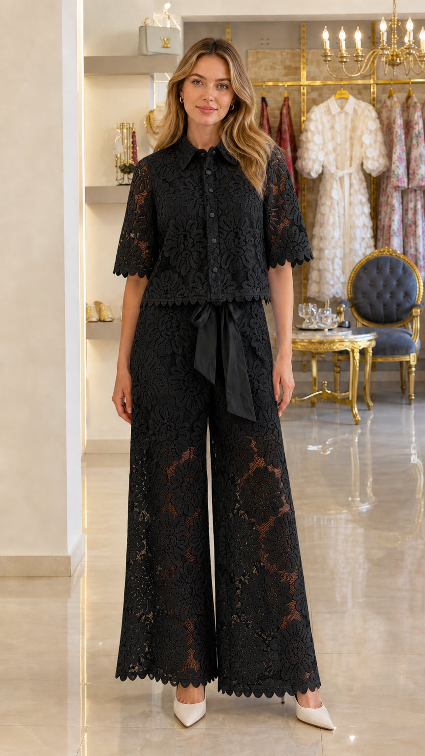 Model wearing black floral lace button-up top and wide-leg pants set