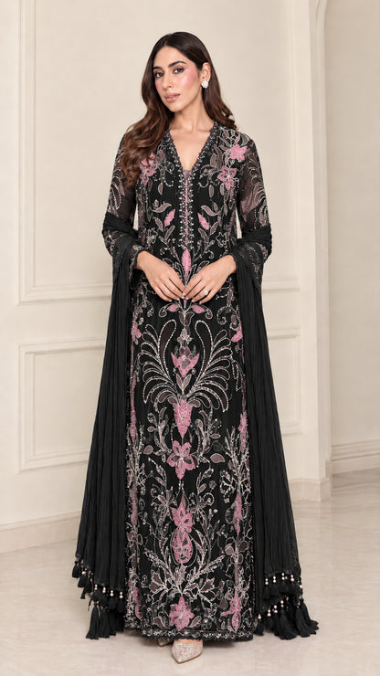 Full-length view of black floral embroidered formal maxi gown with matching scarf