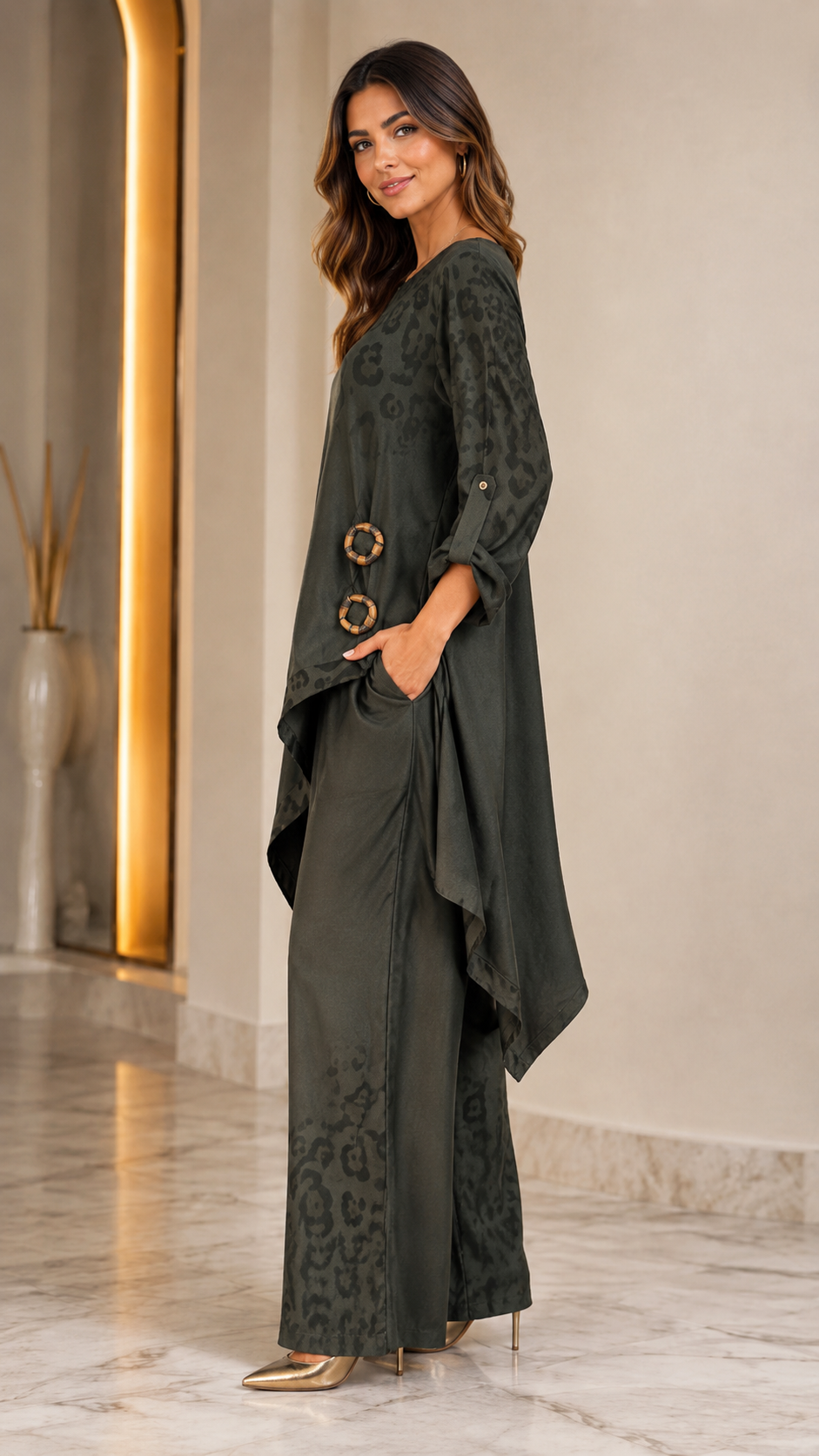 Side view of olive flowing tunic and wide leg pants matching set