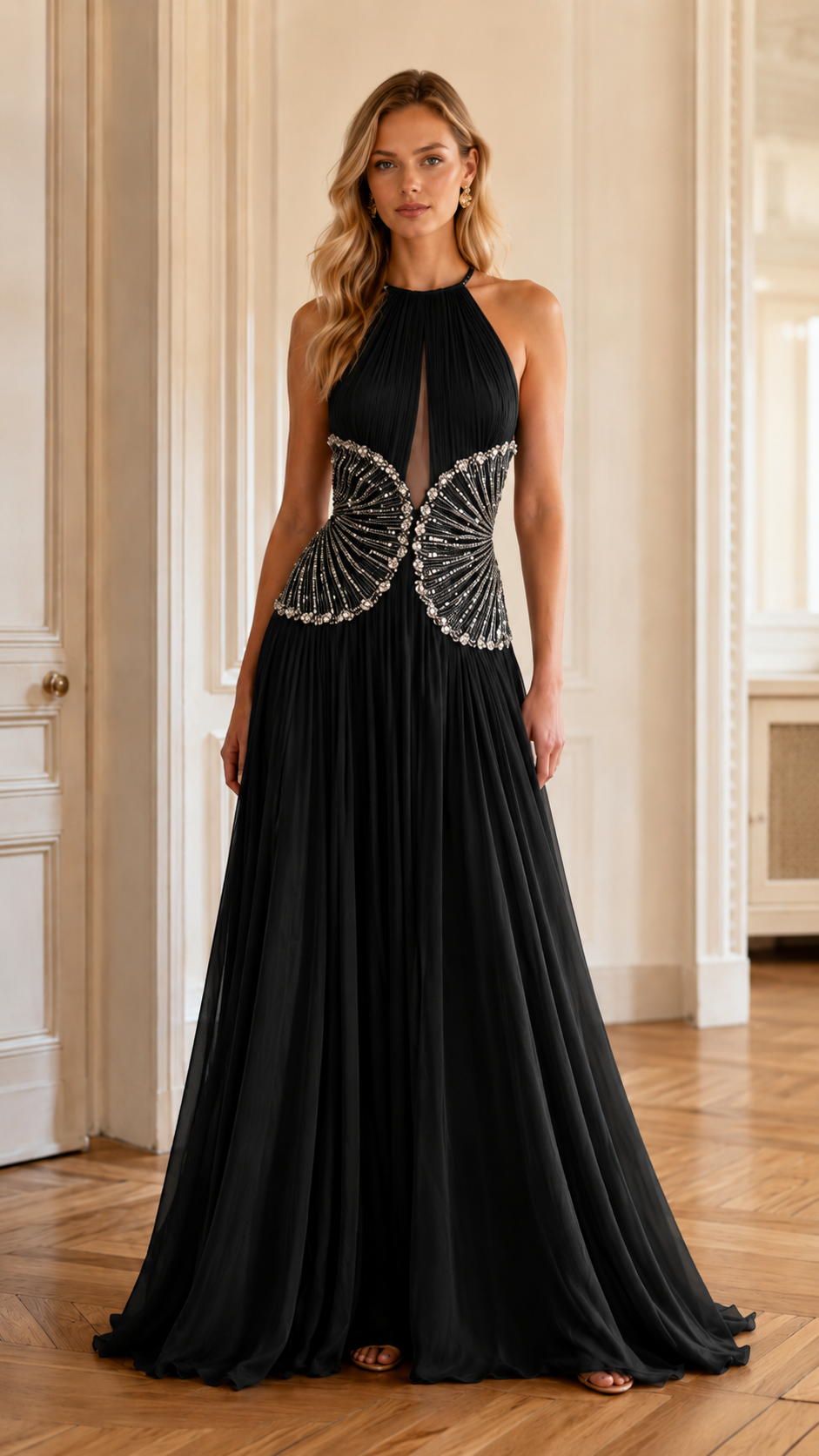 Front view of black pleated halter evening gown with embellished waist