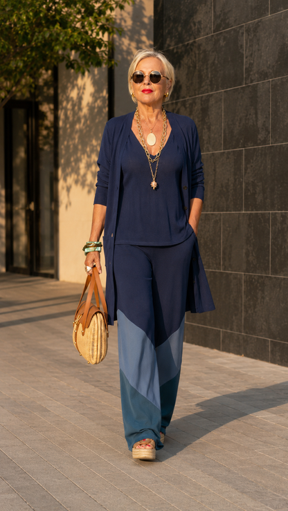 Navy 3-piece cardigan set with blue-toned colorblock wide leg pants front view