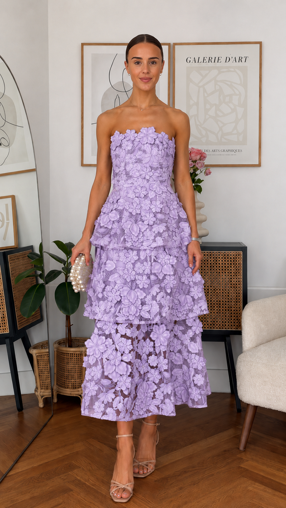 Front view of lilac strapless 3D floral tiered midi dress