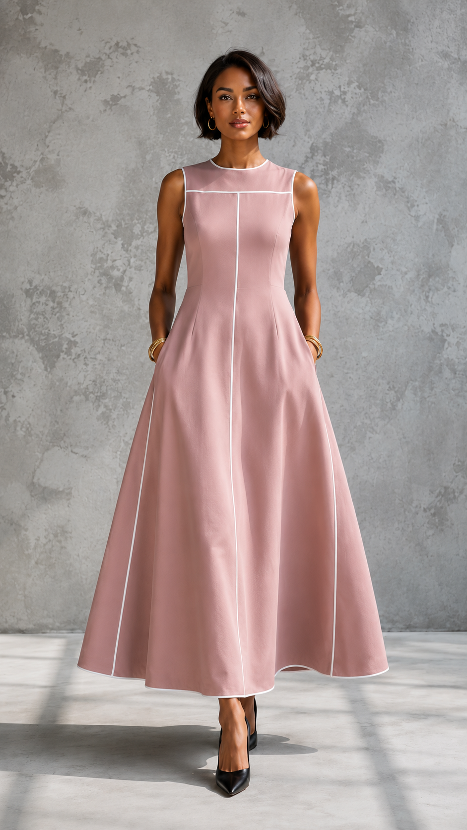 Front view of blush pink sleeveless A-line dress with contrast piping