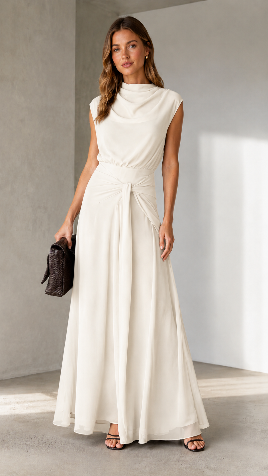 Front view of ivory draped mock neck sleeveless maxi dress with flowing skirt