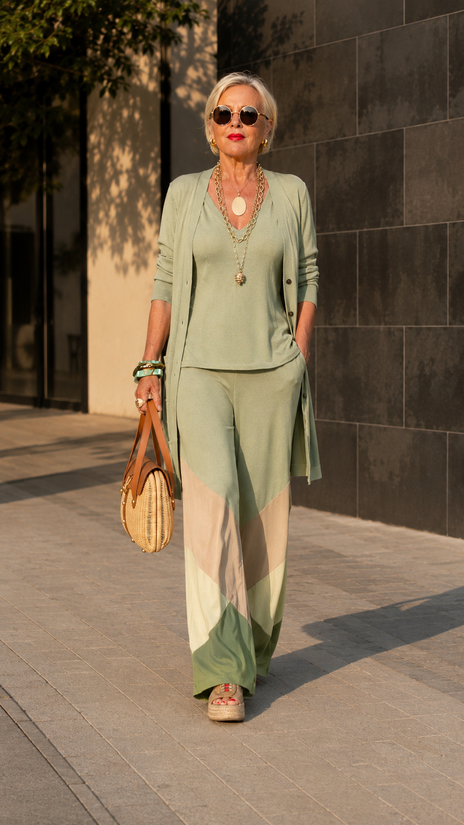 Sage green 3-piece cardigan set with wide leg colorblock pants front view