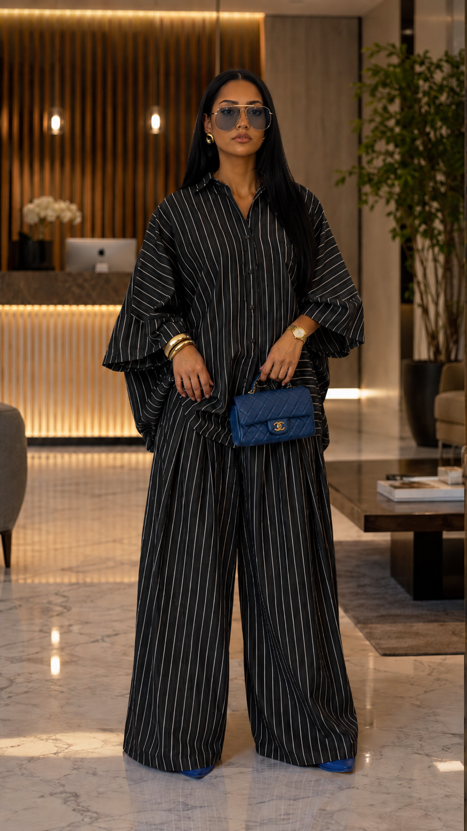 Front view of black striped oversized shirt and wide leg pants set