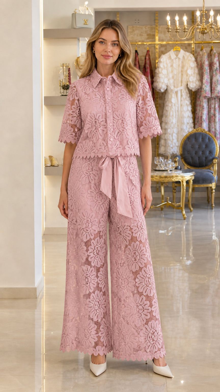 Model wearing dusty pink floral lace short-sleeve shirt and wide-leg trousers set