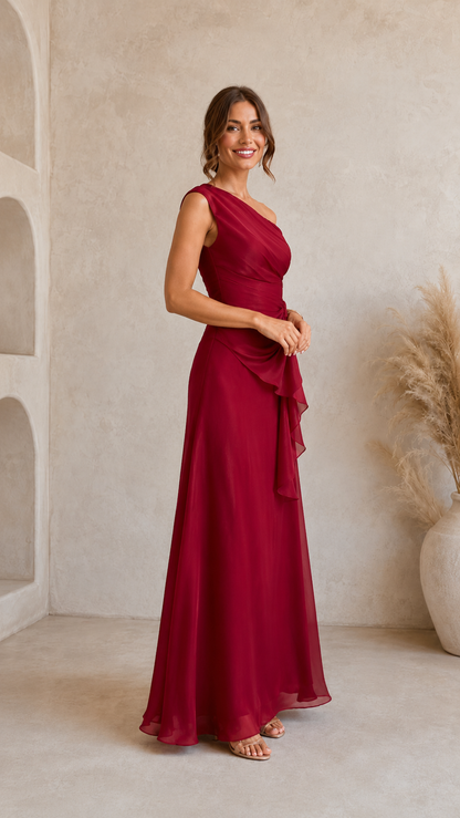 Burgundy one-shoulder maxi dress side view showing draped bodice and flowing skirt