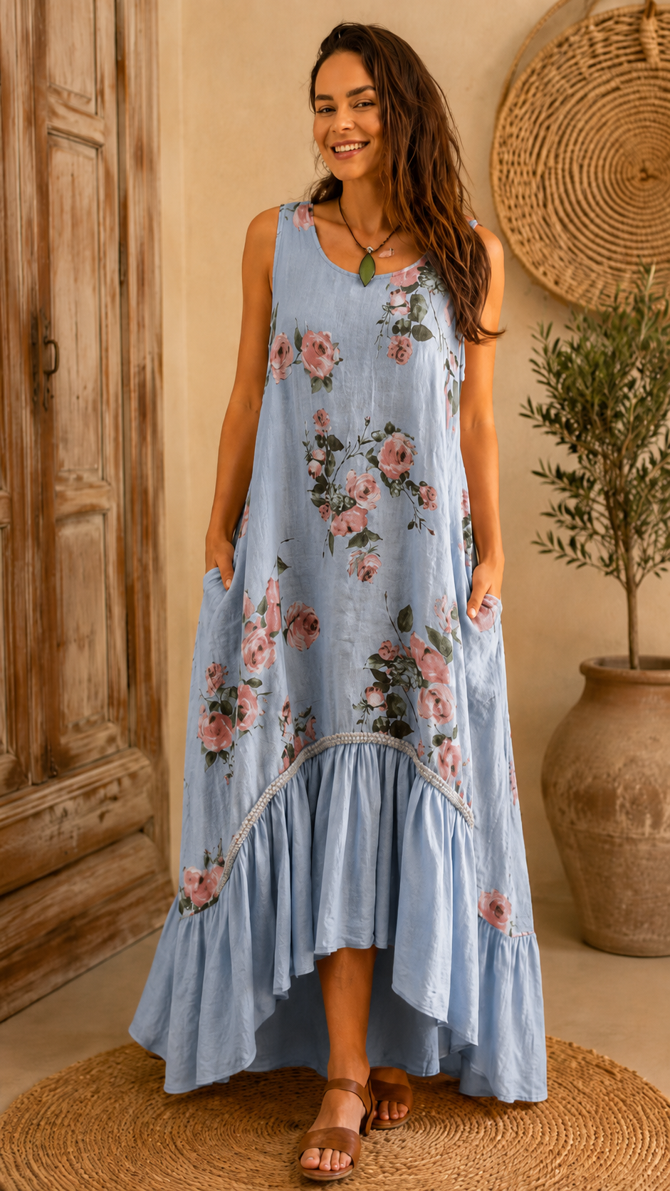 Front view of sky blue floral sleeveless maxi dress with flowy tiered skirt