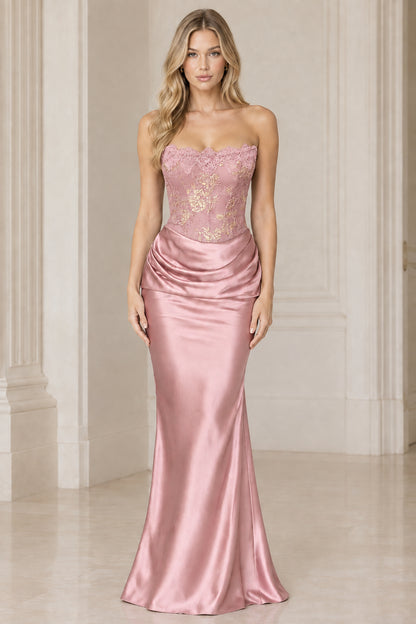 Dusty Rose strapless satin maxi formal dress with embroidered lace bodice