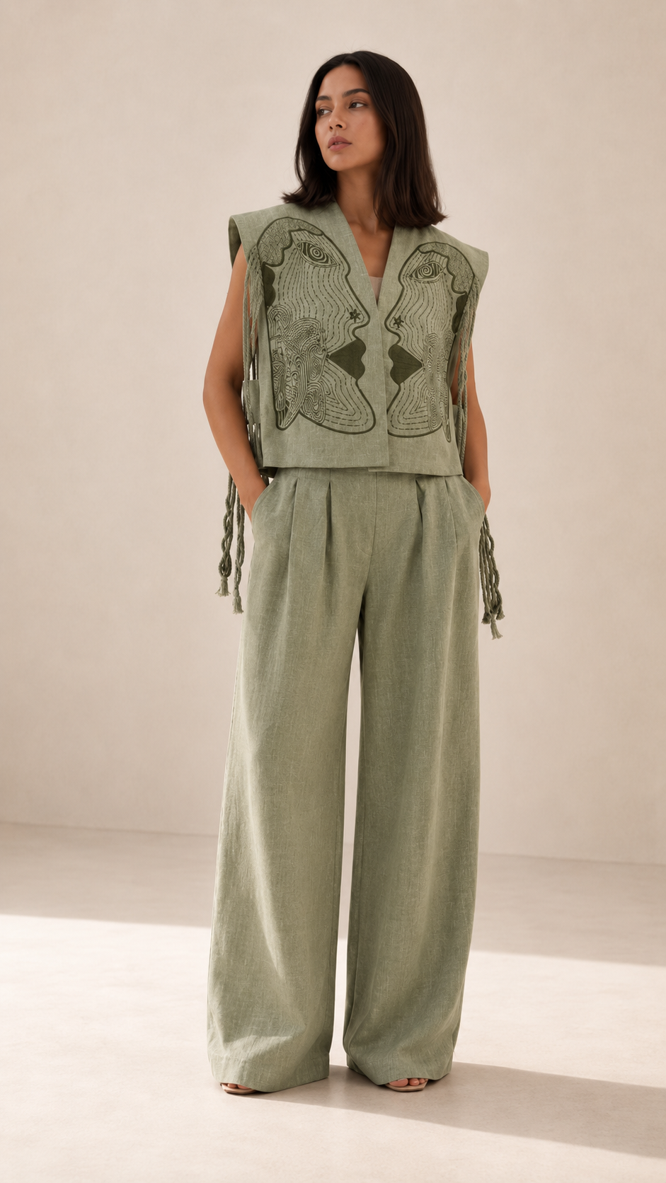 Sage green embroidered sleeveless vest and wide leg pants set