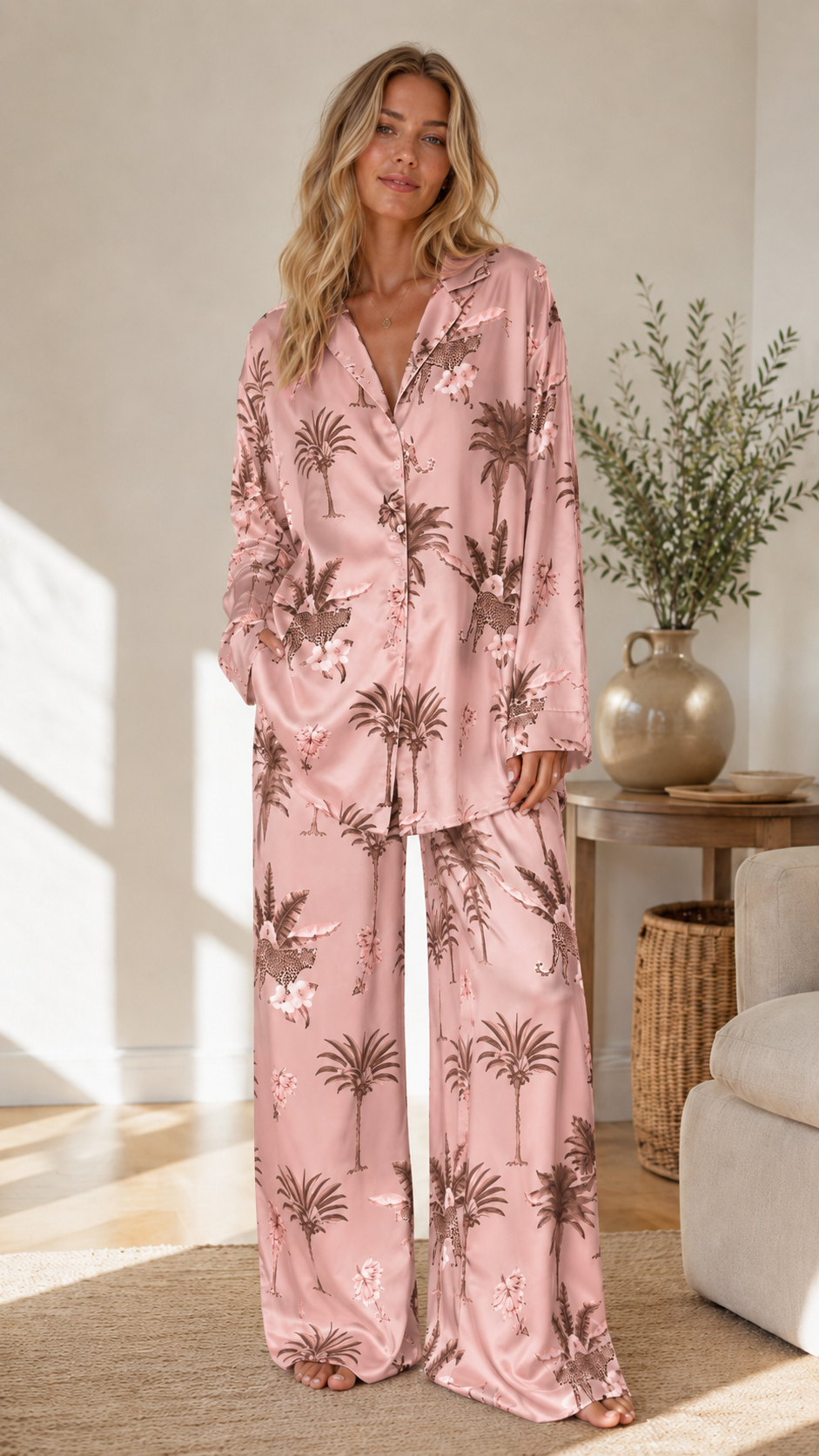 Woman wearing blush pink tropical print satin-look pajama set with long sleeve button-front top