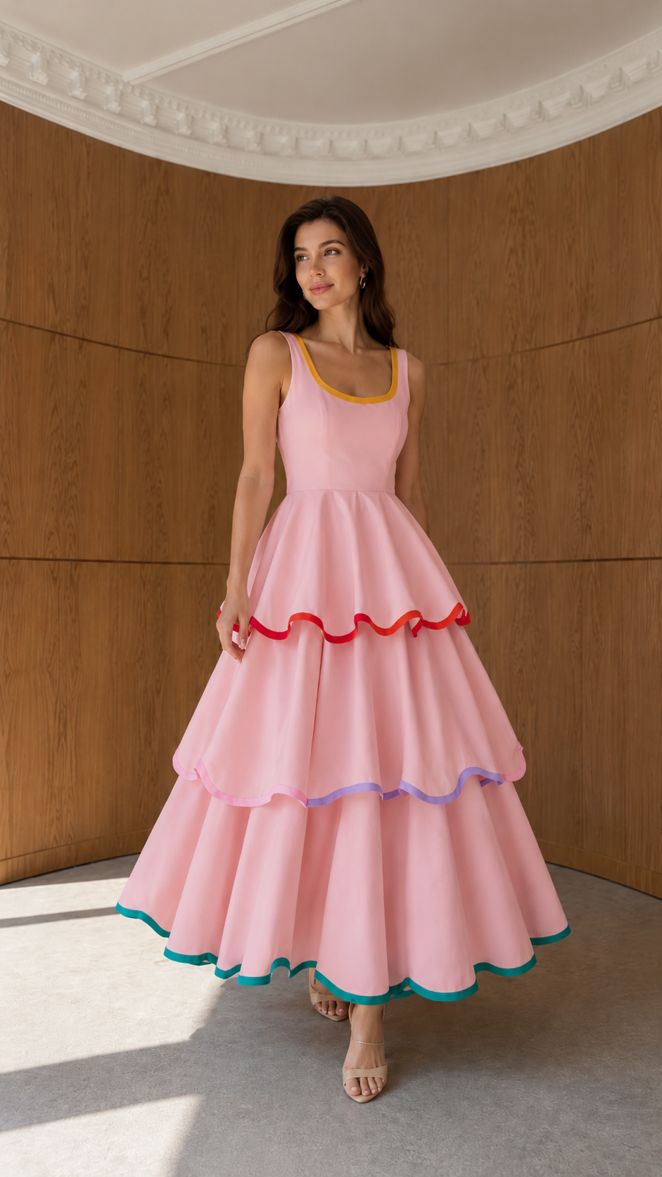 Front view of blush pink tiered sleeveless maxi dress with contrast trim
