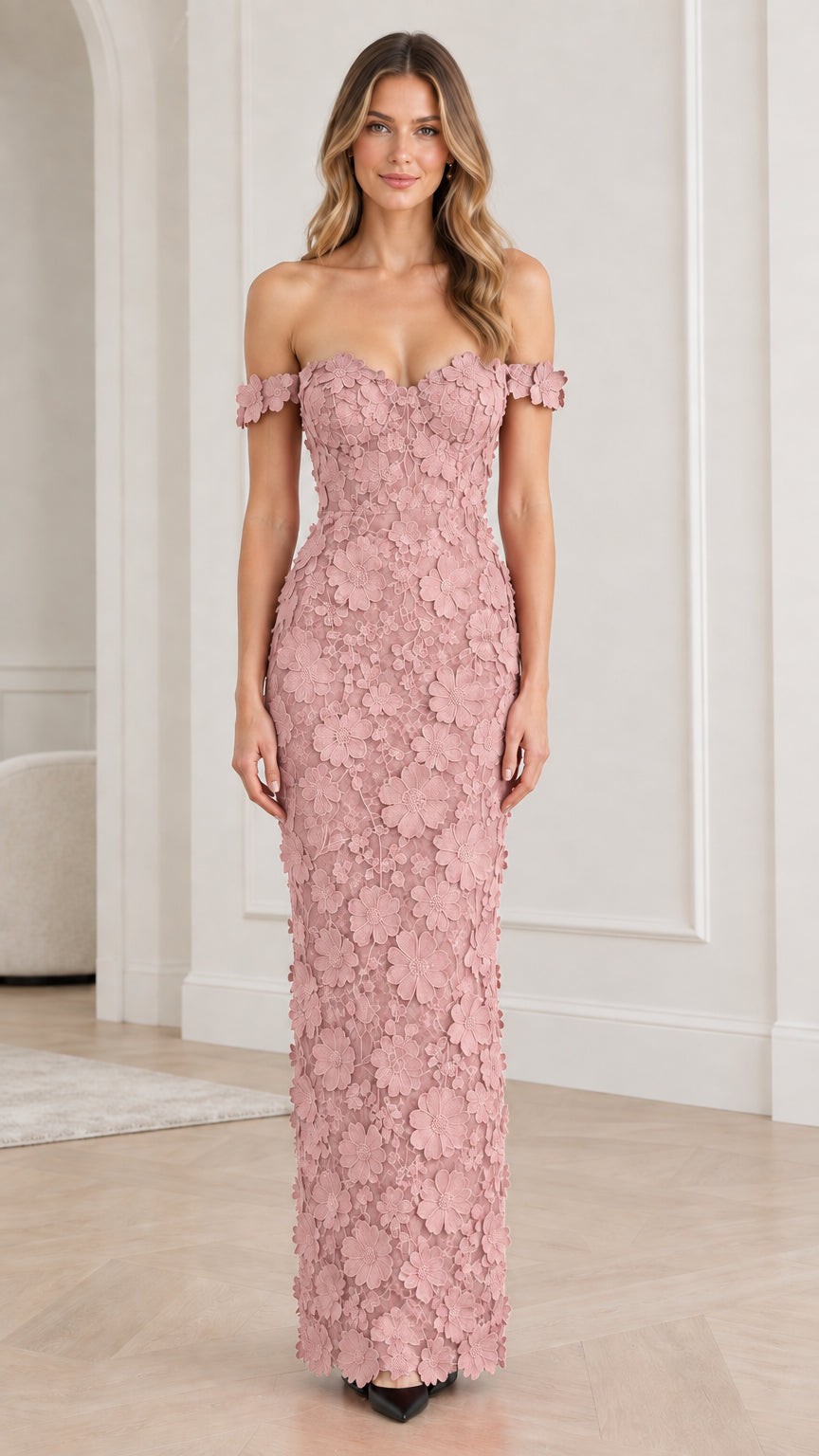Dusty Pink off-the-shoulder floral lace evening gown