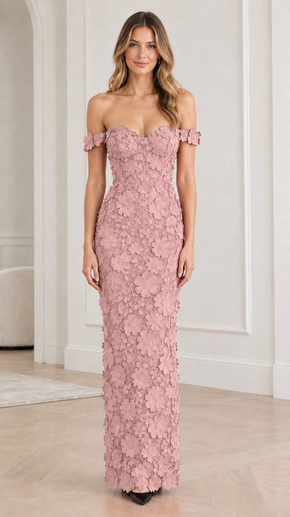 Dusty Pink off-the-shoulder floral lace evening gown