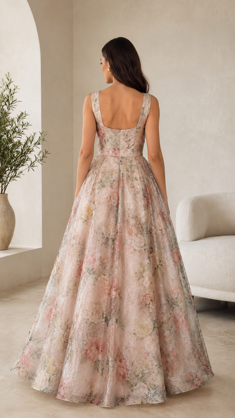 Blush floral square neck sleeveless maxi dress back view