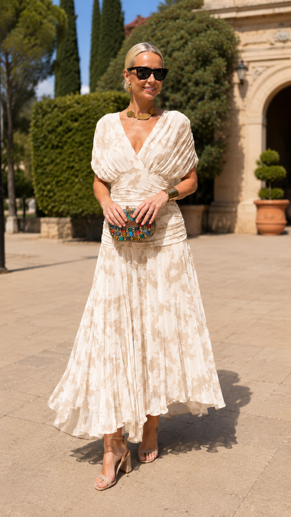 Front view of cream ruched V-neck pleated occasion dress