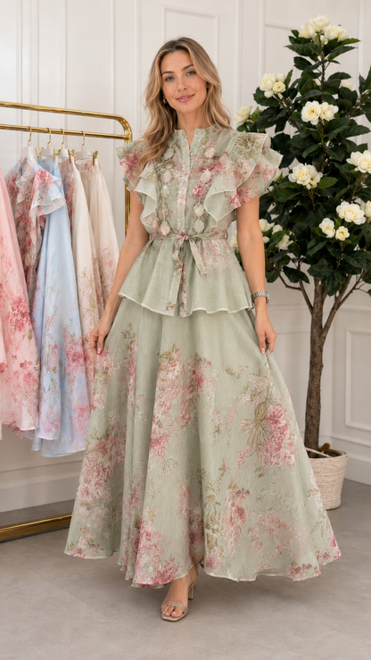 Front view of sage floral ruffle maxi dress with tie waist and flowing skirt