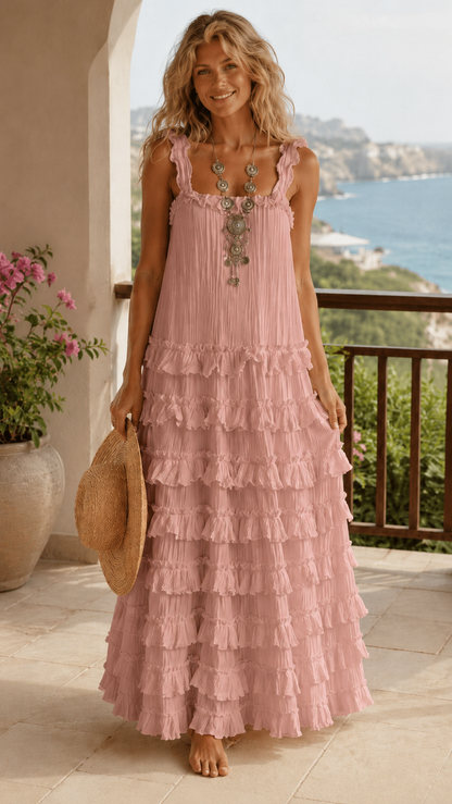 Front view of blush pink pleated ruffle tiered maxi dress