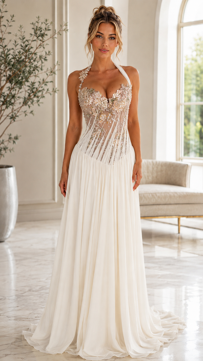 Front view of ivory floral appliqué halter evening gown with floor-length drape