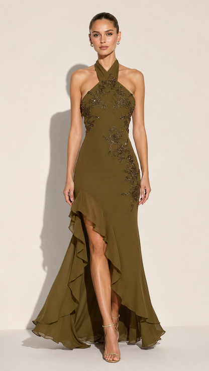 Olive embellished halter high-low evening gown front view