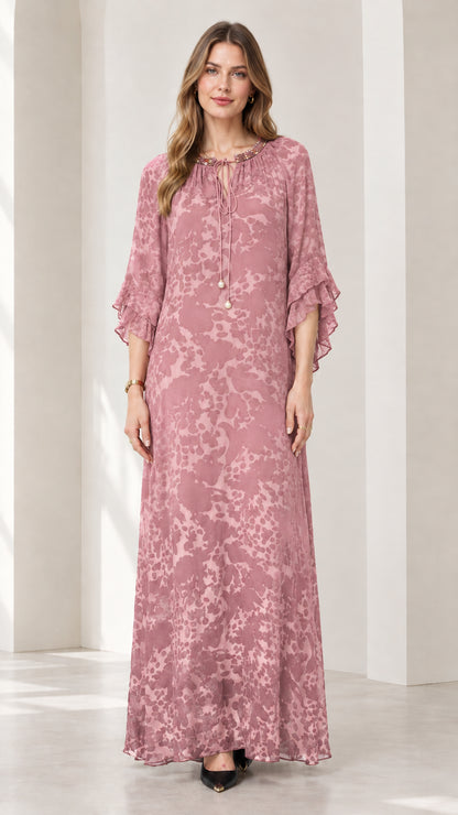Dusty Rose embellished tie-neck flounce sleeve maxi dress on model