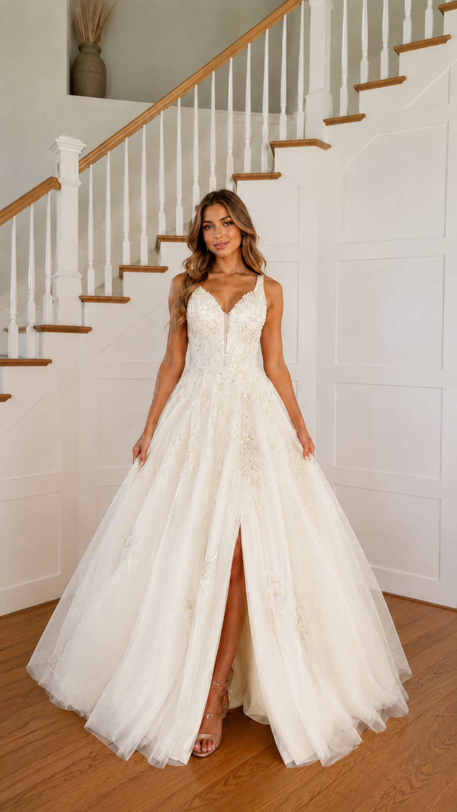 Front view of ivory embroidered tulle ball gown with plunging V-neck