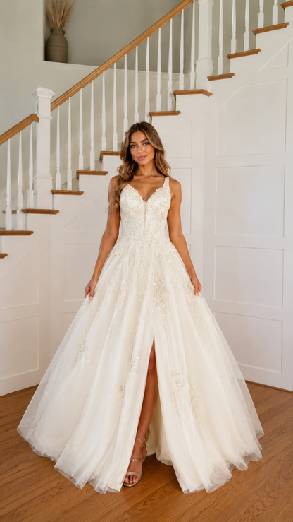 Front view of ivory embroidered tulle ball gown with plunging V-neck