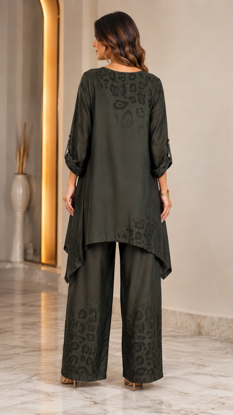 Back view of olive asymmetrical tunic and wide leg pants two piece set