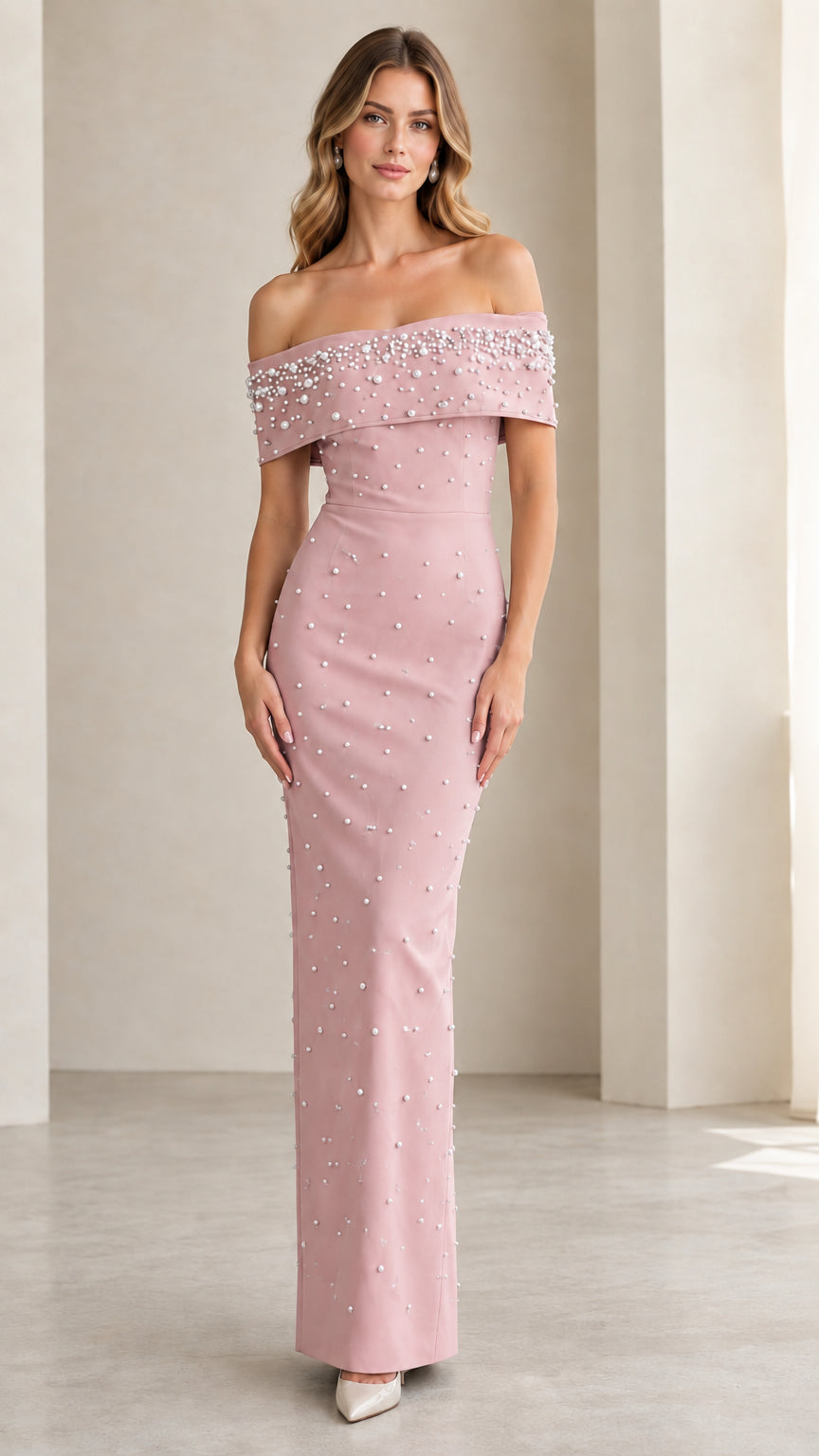 Full-length view of Dusty Pink pearl embellished off-the-shoulder column maxi dress
