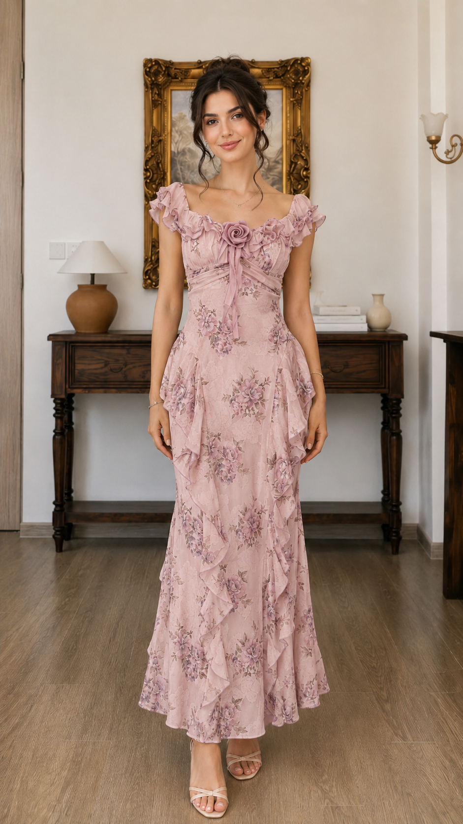 Front view of blush pink floral maxi dress with ruffle neckline and rosette detail
