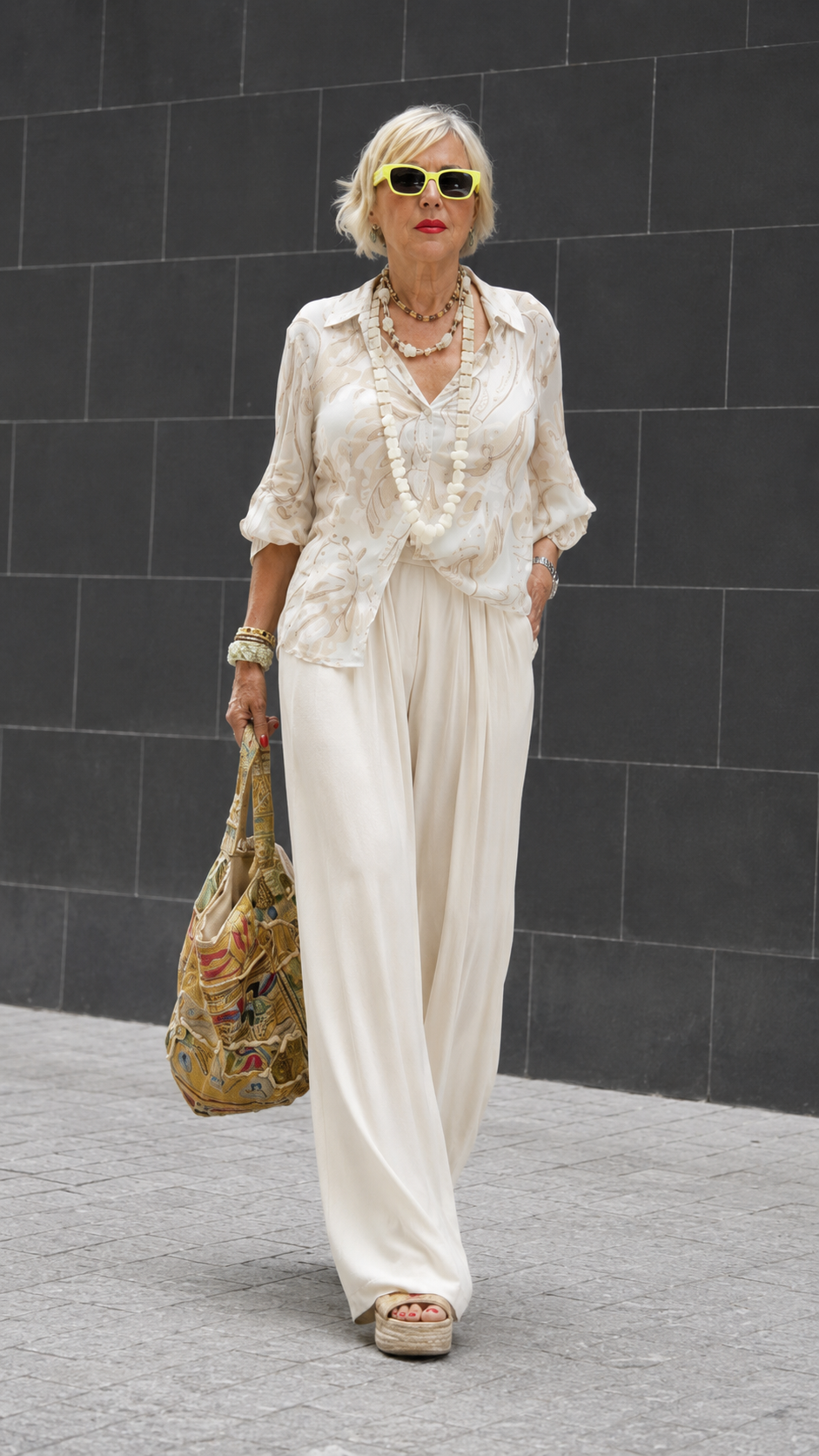 Front view of ivory printed blouse with ivory wide-leg pants set