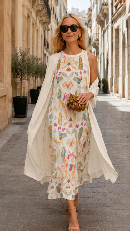 Ivory printed sleeveless maxi dress with ivory flowing open front cover up