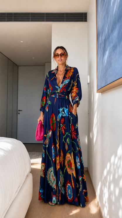 Front view of navy printed long sleeve maxi dress with belt and full skirt