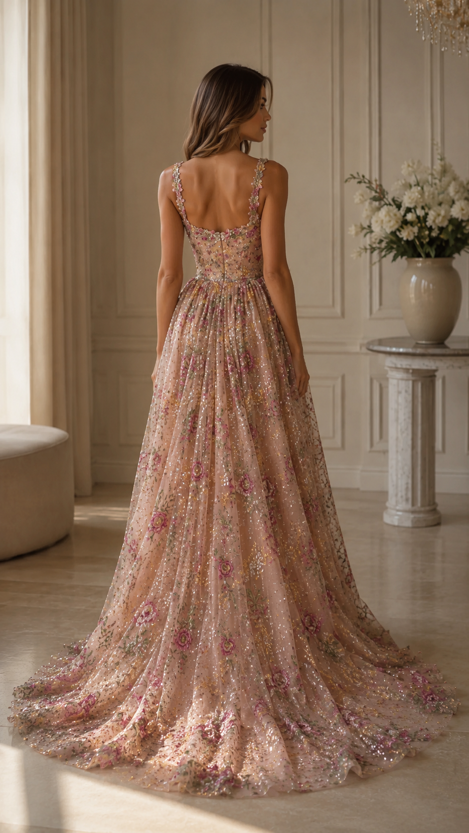 Blush pink floral glitter ball gown maxi dress back view