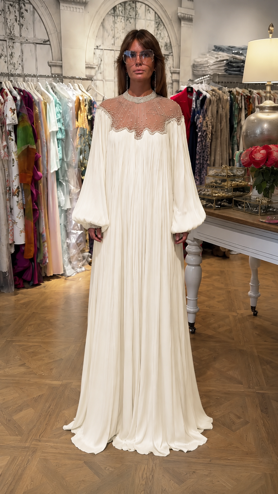 Front view of cream pleated maxi dress with embellished sheer yoke and flowing silhouette