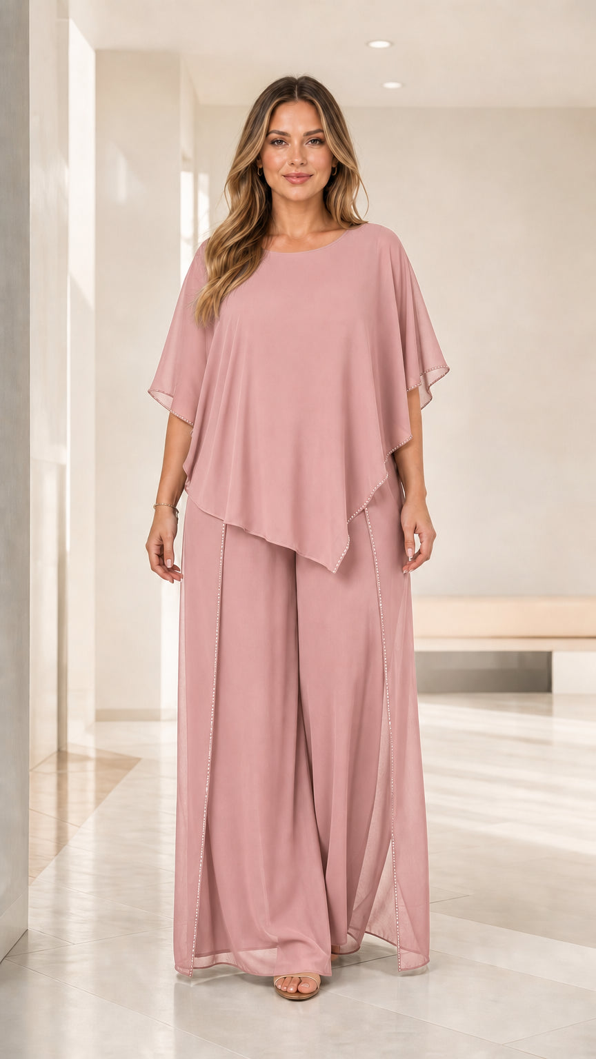 Full front view of the dusty rose pink formal chiffon capelet top and pant set