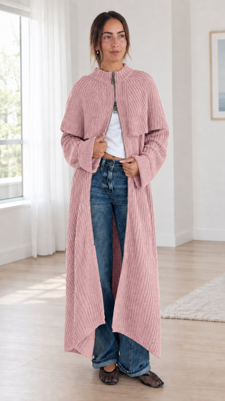 Front view of dusty pink ribbed knit longline capelet cardigan duster coat