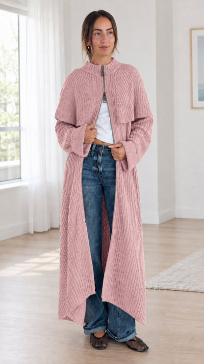 Front view of dusty pink ribbed knit longline capelet cardigan duster coat